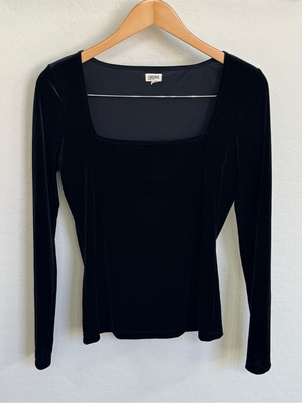 L'Agence Kinley Velvet Square Neck Long Sleeve Top Black Medium M